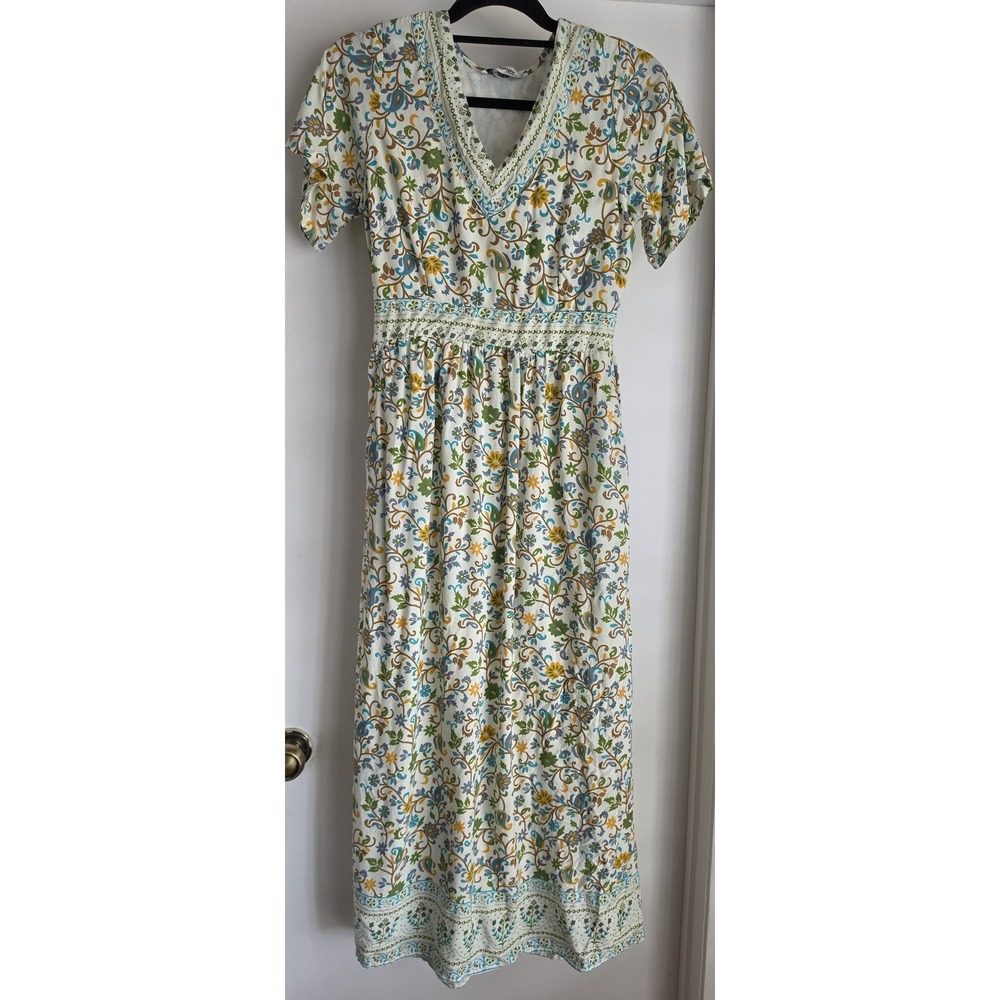 Lapogee Maxi Dress S Boho V-Neck Paisley Floral White Blue Casual Sundress
